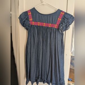 Girls Blue Denim-Look Dress with Pink Embroidered Yoke